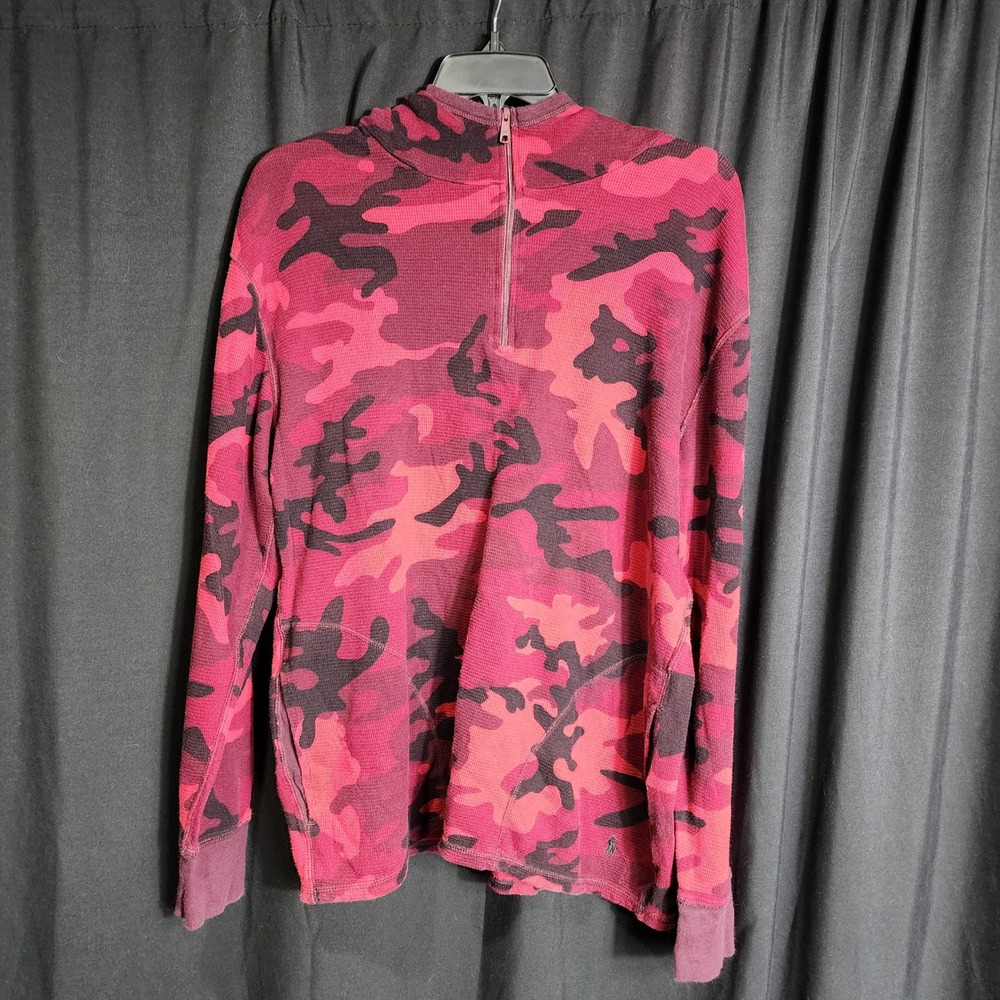 Polo Ralph Lauren Red Camo Waffle Knit Quarter Zip Hoodie Mens Large Thermal